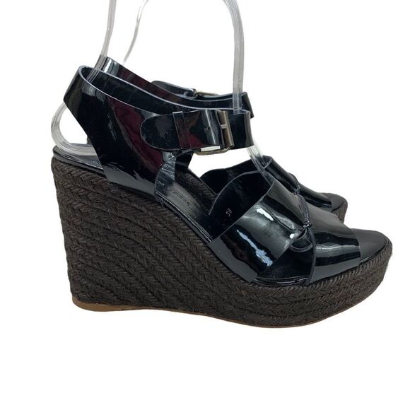 Shoes - Tila March Paris Black Patent Leather Espadrille Wedge Sandals 38